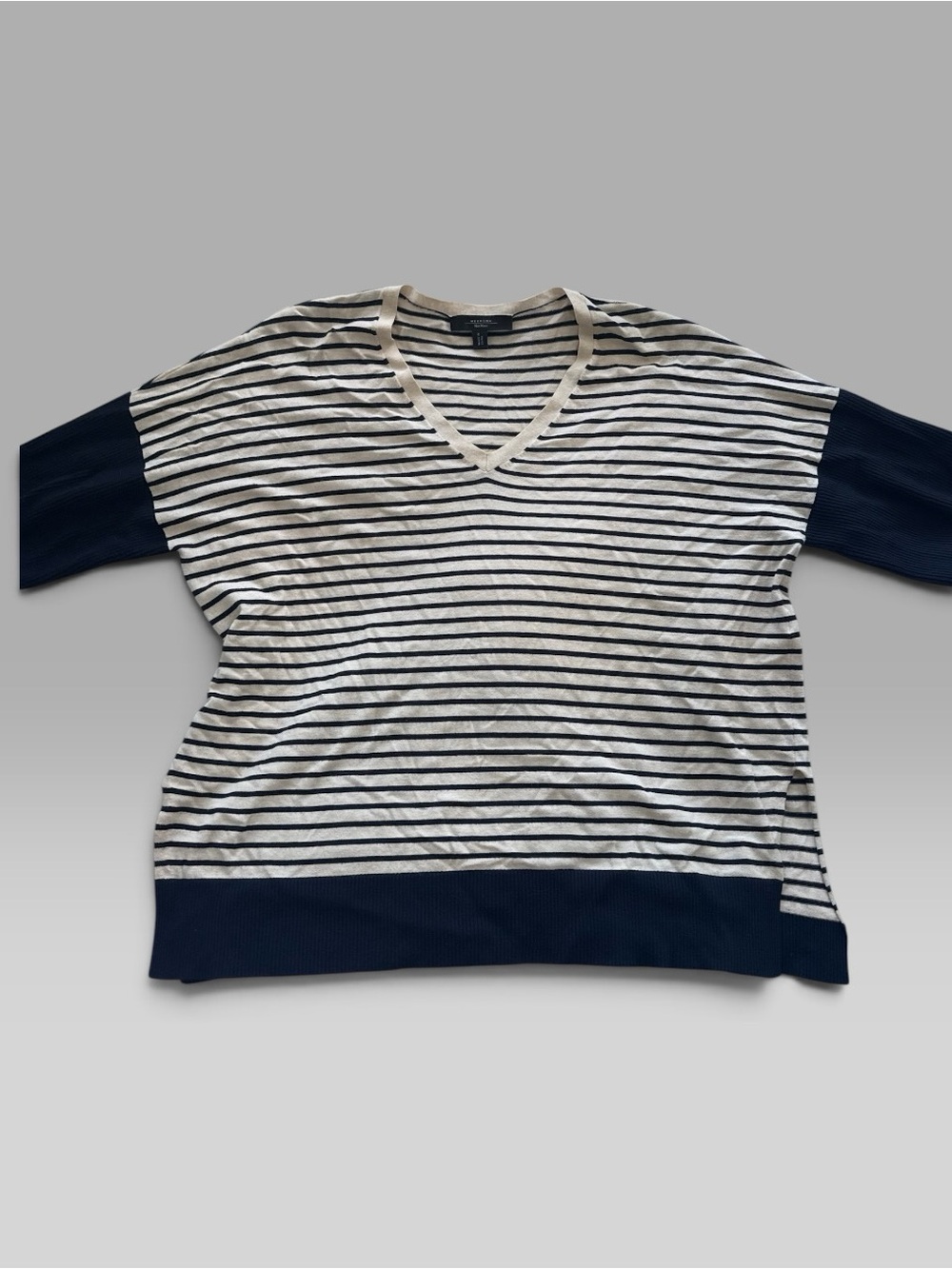 MaxMara Navy and White Striped V-Neck Top